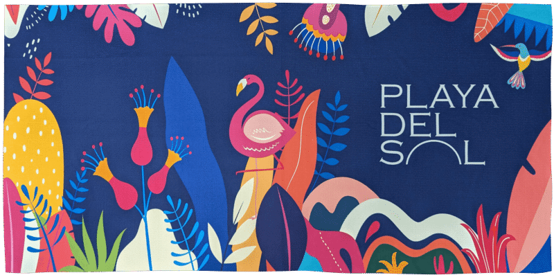 Colorful tropical scene with flamingo and text